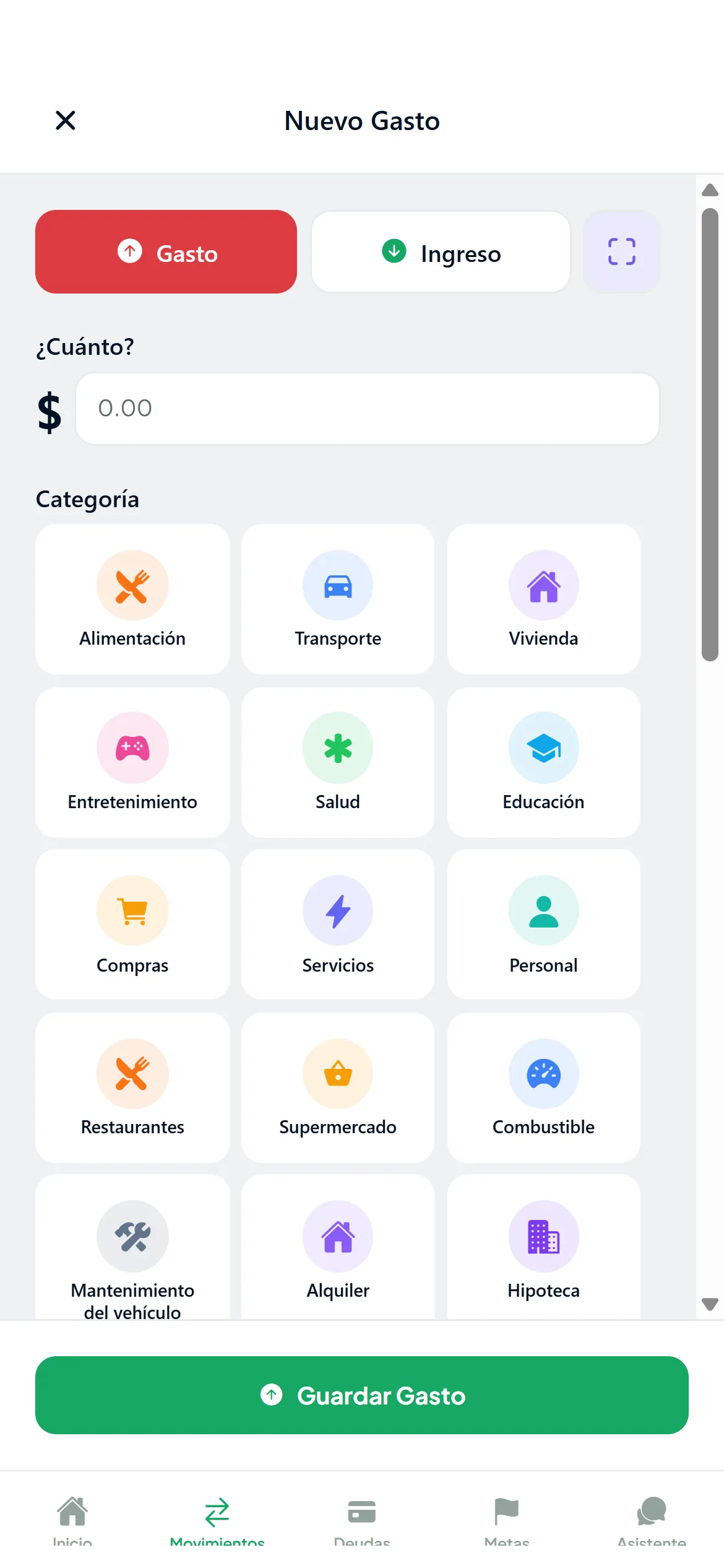 Pantalla de Sallid: Anota un ingreso o un gasto en segundos