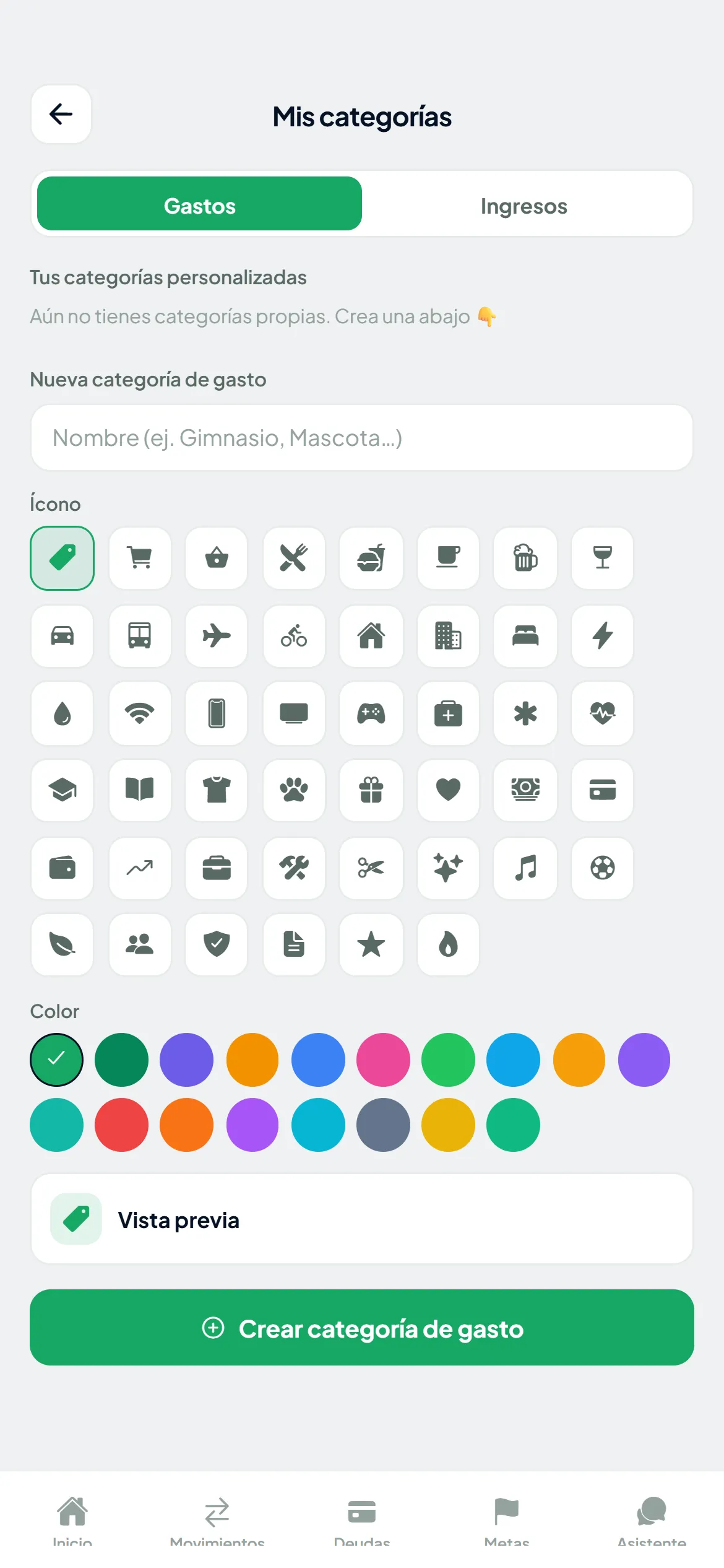Pantalla de Sallid: Crea tus propias categorías