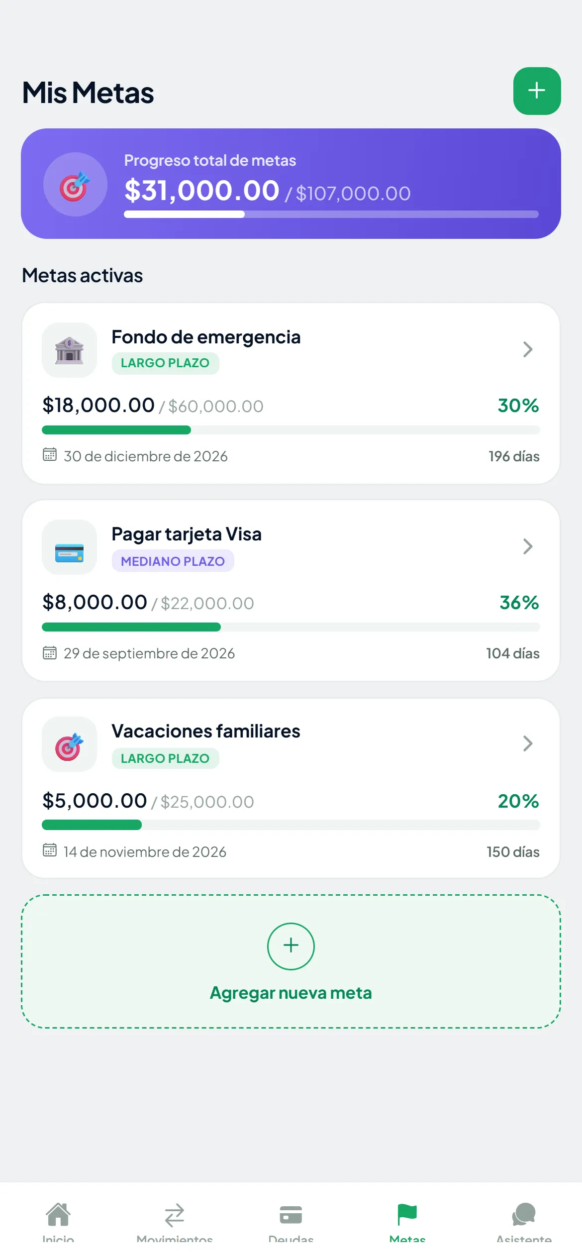 Pantalla de Sallid: Ahorra con propósito y mira tu progreso