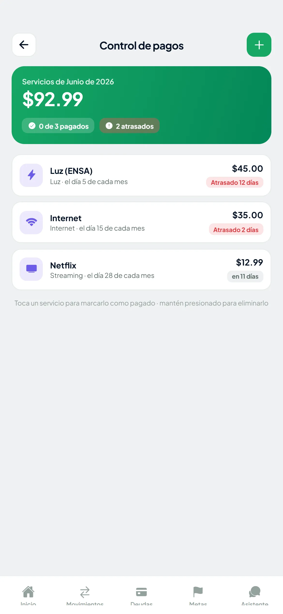 Pantalla de Sallid: Controla tus servicios y suscripciones